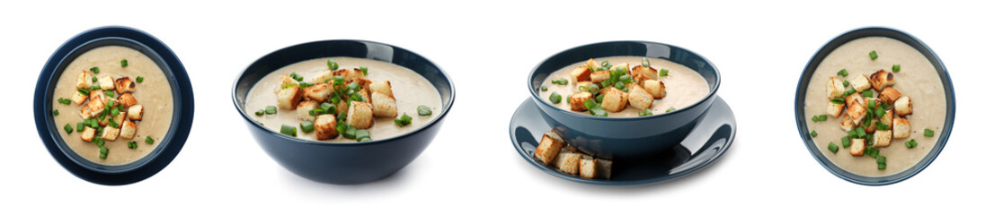 Fresh vegetable detox soup with croutons in dish on white background