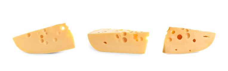 Set of delicious cheese on white background