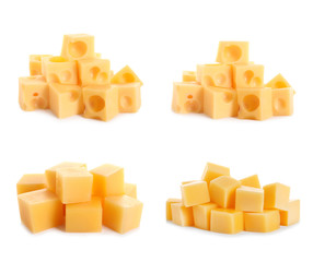 Set of different delicious cheese cubes on white background