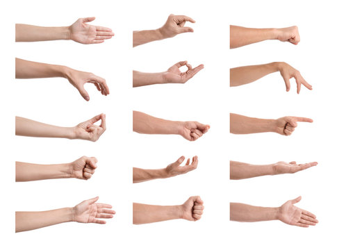 Set of people showing different gestures on white background, closeup view of hands