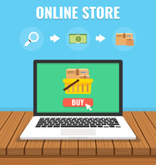 Online shopping with open laptop and online shop. Online store concept. Flat cartoon style. Vector illustration.