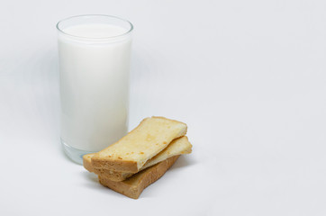 glass of milk isolated and Garlic Bread on white background