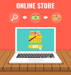 Online shopping with open laptop and online shop. Online store concept. Flat cartoon style. Vector illustration.