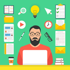 Online learning, e-learning concept. Man at computer in his room. Flat webinar icons set, modern flat design graphic elements for web banners, websites, infographics. Vector illustration.