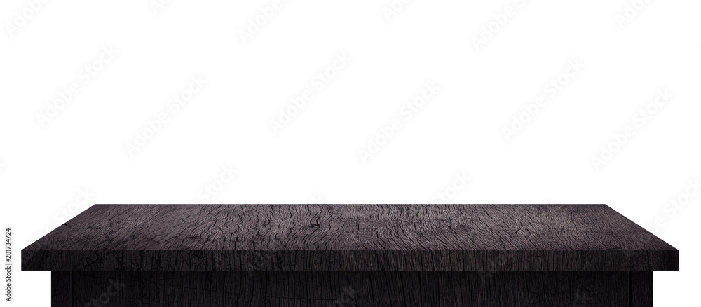 Poster Empty Wood table with black pattern isolated on pure white background. Wooden desk and black shelf display board with perspective floor. ( Clipping path )