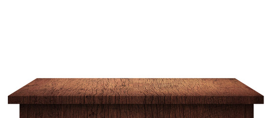 Empty Wood table with brown pattern isolated on pure white background. Wooden desk and shelf display board with perspective floor. ( Clipping path )