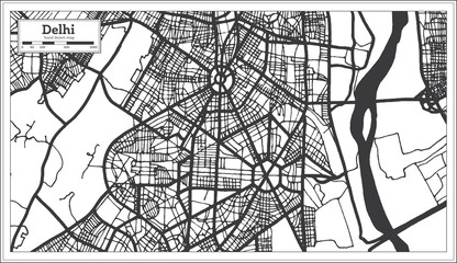 Delhi India City Map in Retro Style in Black and White Color. Outline Map.