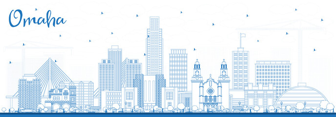 Outline Omaha Nebraska City Skyline with Blue Buildings.