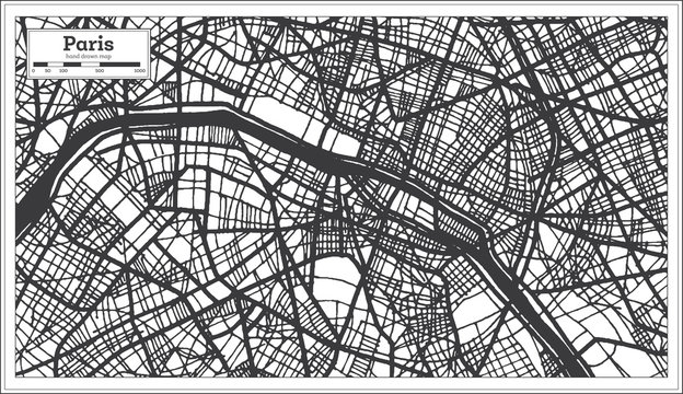 Paris France City Map in Retro Style in Black and White Color. Outline Map.