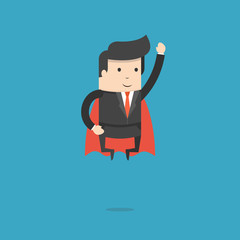 Super businessman in red cape flying to success. Business concept. Flat cartoon style. Vector illustration.
