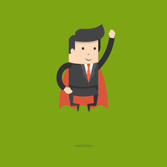 Super businessman in red cape flying to success. Business concept. Flat cartoon style. Vector illustration.