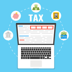 Tax payment. Data analysis, paperwork, financial research report. Calculation tax on the laptop. Finance icons set. Vector illustration.