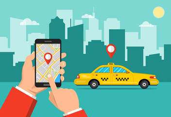 Hand holding smartphone with taxi service app on the screen. Flat cartoon style. Vector illustration.
