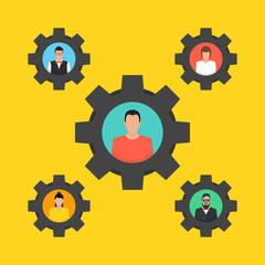 Gears teamwork concept. Business organization and communication. User icons set. Vector illustration.
