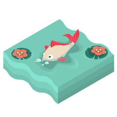 Fish with red fins and bubbles around in pond with water lilies in isometric style