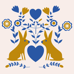 Fototapeta na wymiar Gold and blue rabbits, in a folk art composition