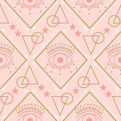 Pink and gold eyes and geometric elements in a seamless pattern design