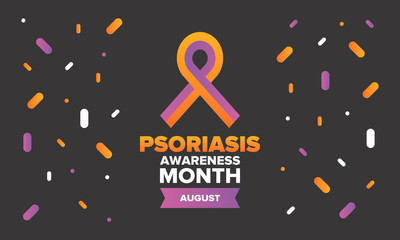 Psoriasis Awareness Month in August. Educate, inform, prevention in United States. Dermatology, skin body problems. Health care. Orchid and Orange ribbon. Poster, card, banner and background. Vector