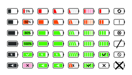 Battery charge icons. Powered indicator, charging empty batteries and low battery power icon. Smartphone charge level indicating or laptop battery status. Isolated vector signs illustration set