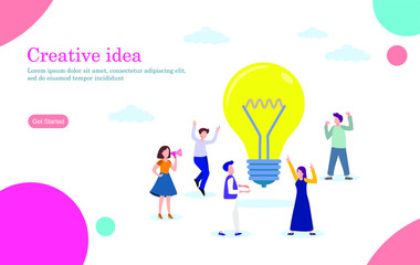 Creative idea vector illustration concept, people with giant shine light bulb, can use for, landing page, template, ui, web, mobile app, poster, banner, flyer