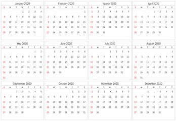 2020 wall calendar. Vector simple design