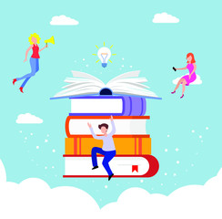 open book with character and light bulb vector illustration concept, can use for, landing page, template, ui, web, mobile app, poster, banner, flyer. Character open the book with a light bulb.