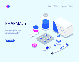 Isometric image on a white background of the pharmacy. Means of therapy, the concept of health care, visualization of drugs and medicines. Vector illustration, used for banner, infographics.