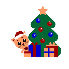 Cute cat looks out from behind a tree with balls. Funny character with presents. Happy new year. 2020.