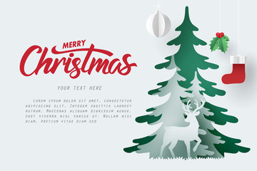 Paper art of deer and pine forest with Merry Christmas calligraphy