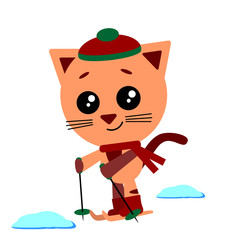 Cat in cozzy hat and scarf skiing. Cute kitten. Winter activities sport. Vector illustration.