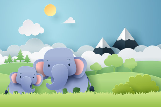 Paper craft of elephant and Africa forest