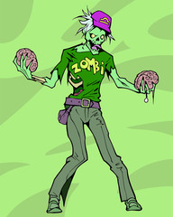 Original illustration of a funny mascot zombie as a zodiac sign libra choosing which brain to eat