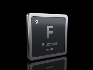Fluorine F, element symbol from periodic table series. 3D rendering isolated on black background