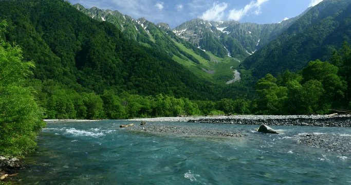 View of river and mountains, Matsumoto, Nagano Prefecture, Japan
