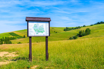 TATRA MOUNTAINS, POLAND - JUN 29, 2019: Map with cycling ways in green nature reserve near Tatra Mountains, Poland.