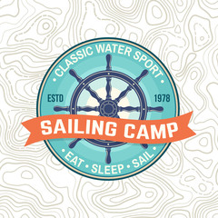Yacht club patch. Vector. Concept for shirt, print, stamp or tee. Vintage typography design with steering hand wheel ship and ribbon silhouette. Ocean adventure. Classic water sport.