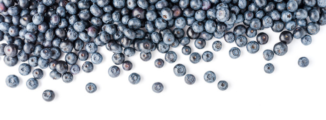 Overhead shot of fresh blueberries on white background. Top view. Banner