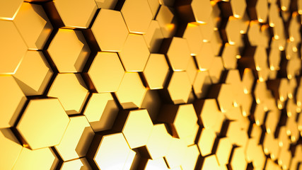 Golden background with hexagons. 3d rendering. Luxury, beautiful, unusual, color background