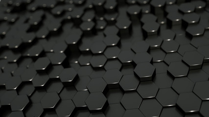 Black background with hexagons. 3d rendering. Luxury, beautiful, unusual, color background