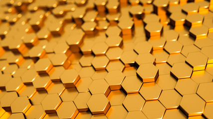 Golden background with hexagons. 3d rendering. Luxury, beautiful, unusual, color background