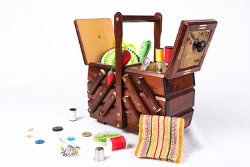 Vintage Wooden Sewing Box for storage of accessories like needles, utensils, thimble, yarn, pins, pin cushion..