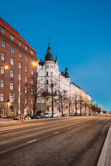 Naklejka na ściany i meble Helsinki, Finland. Pohjoisranta Street In Night Illumination