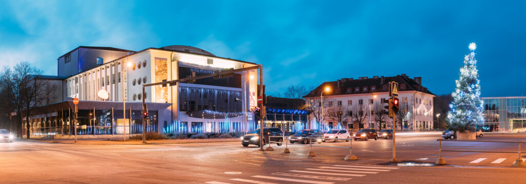 Parnu, Estonia. Panoramic View Of Endla Theatre, Christmas Tree On Central Square In Evening Christmas Xmas New Year Illuminations