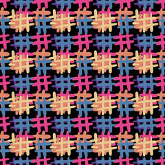 Hand drawn colorful hashtag icon seamless pattern on black background.