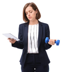 Sad businesswoman with tablet PC and dumbbell on white background. Concept of balance between work and leisure