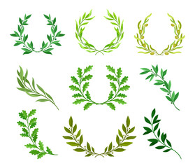 Set of wreaths of leaves and branches. Vector illustration on white background.