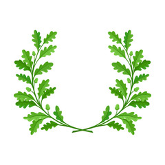 Wreath of green oak branches. Vector illustration on white background.