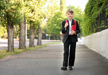 Cute little pupil after classes outdoors