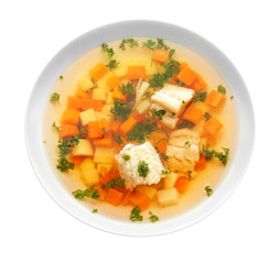 Bowl of tasty soup on white background