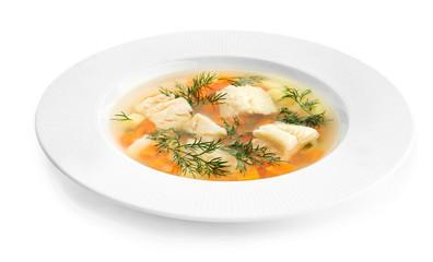 Bowl of tasty soup on white background